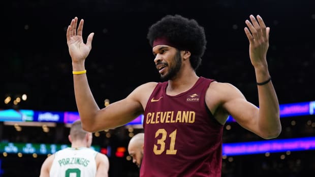 Dec 12, 2023; Boston, Massachusetts, USA; Cleveland Cavaliers center Jarrett Allen (31) reacts after being called for a foul against Boston Celtics center Kristaps Porzingis (8) in the second half at TD Garden.